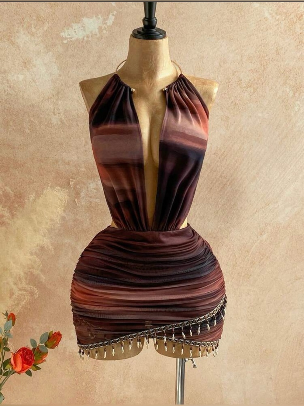 SHEIN Brown Ombre Plunging Halter Mini Dress